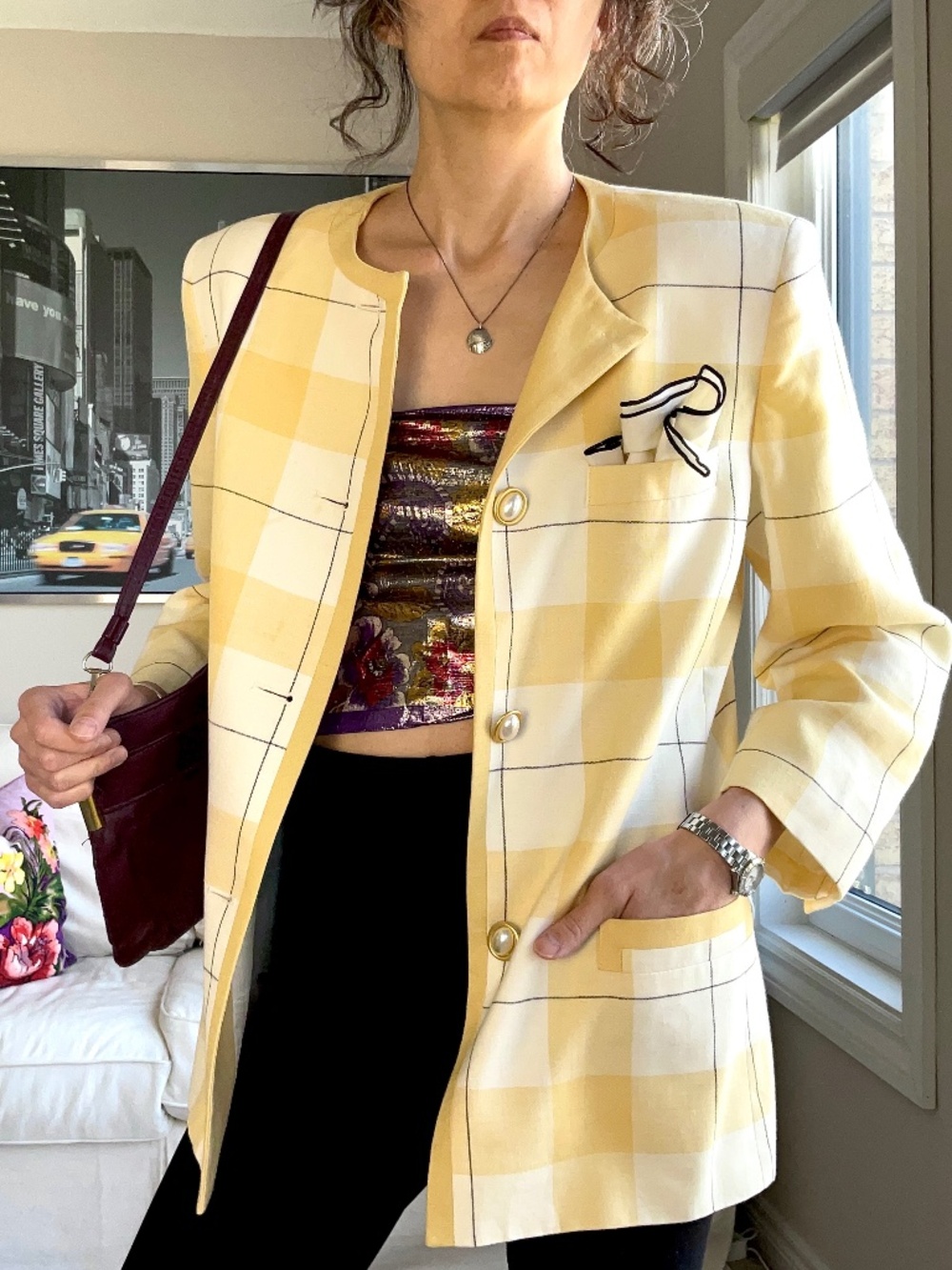 Vintage check blazer with faux pearl and gold buttons